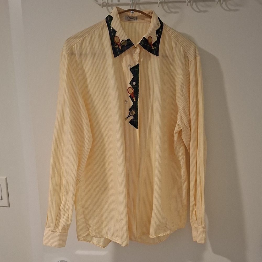 Women's Vintage Striped Embroidered Shirt with Novelty Tennis Theme (Size M)